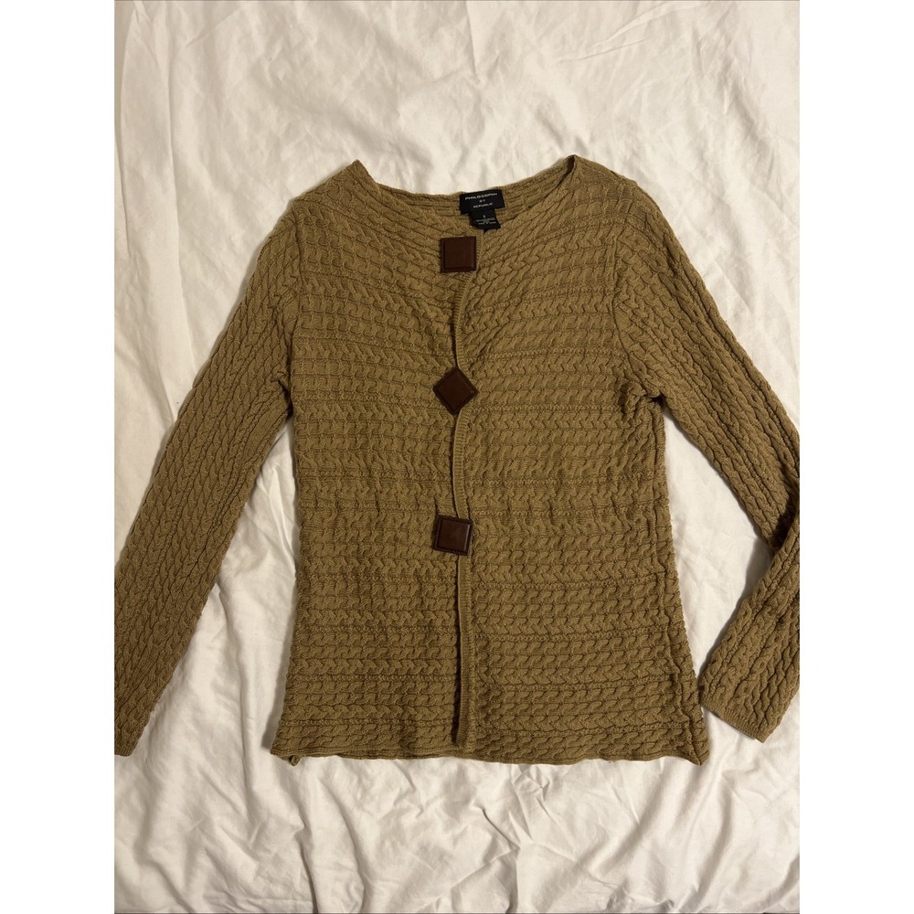 Philosophy by Republic Mercerized Wool Cable Knit Cardigan Tan Brown Small